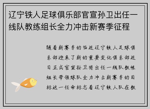辽宁铁人足球俱乐部官宣孙卫出任一线队教练组长全力冲击新赛季征程